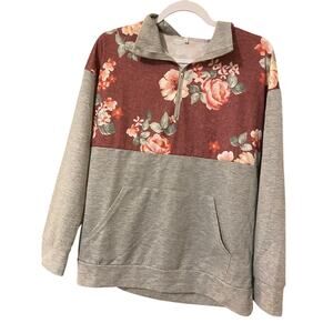 Grey Sweater with Burgundy & Pink Flowers, With Large Pocket Size Large